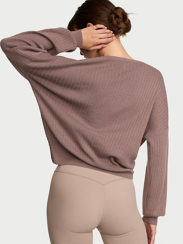 Victoria's Secret, VSX Twist Rib Knit Crop Sweater, Cloudy Grey, onModelBack, 2 of 3 Ari is 5'9" or 175cm and wears Small