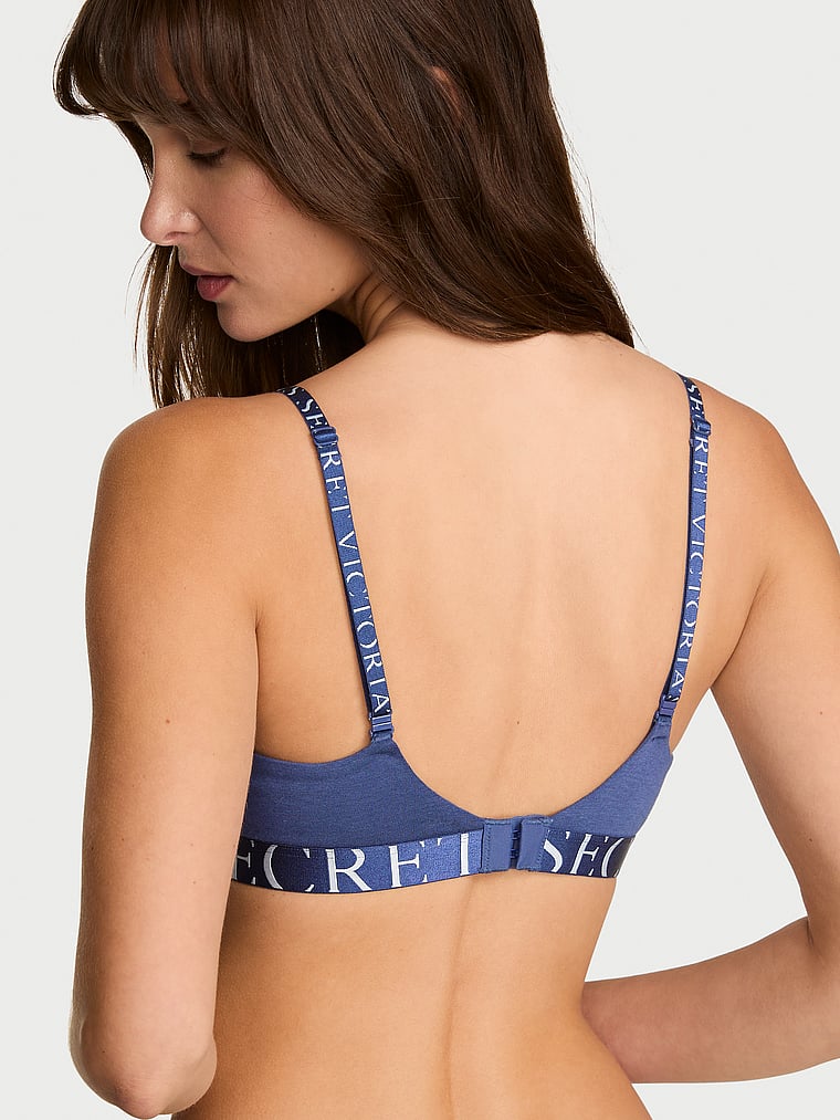 Victoria's Secret, The T-shirt Cotton Exploded Logo Lightly Lined Wireless Bra, Ink Blue, onModelBack, 2 of 7 Ari is 5'9" and wears 34B or Small