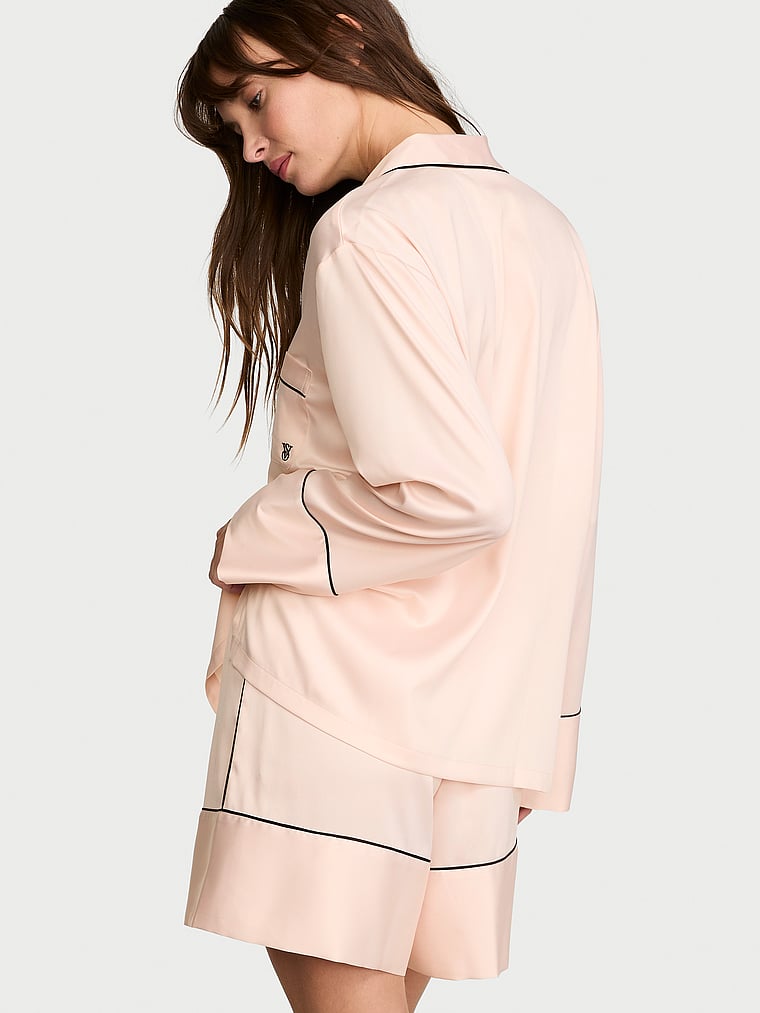 Victoria's Secret, Victoria's Secret Signature Satin Long-Sleeve Short Pajama Set, Sheer Blush, onModelBack, 2 of 4 Ari is 5'9" and wears S/Regular
