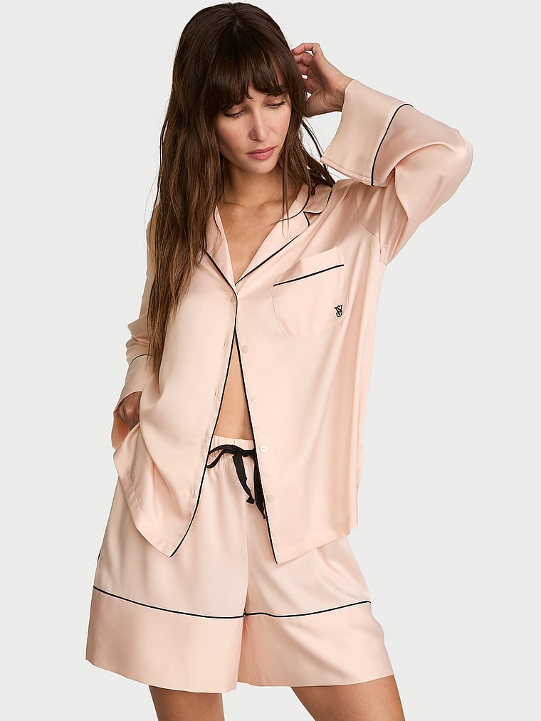 Victoria's Secret, Victoria's Secret Signature Satin Long-Sleeve Short Pajama Set, Sheer Blush, onModelFront, 1 of 4 Ari is 5'9" and wears S/Regular