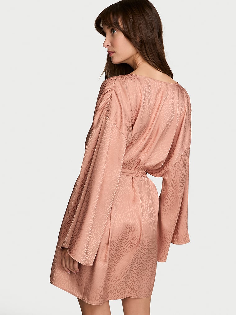 Victoria's Secret, Victoria's Secret Leopard Jacquard Satin Short Robe, Macaron, onModelBack, 2 of 2 Ari is 5'9" and wears Small