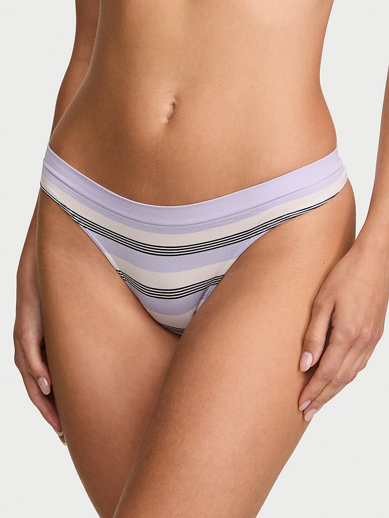 Victoria's Secret, Seamless Seamless Thong Panty, Icy Lavender Stripes, onModelFront, 1 of 3 Ari is 5'9" and wears Small