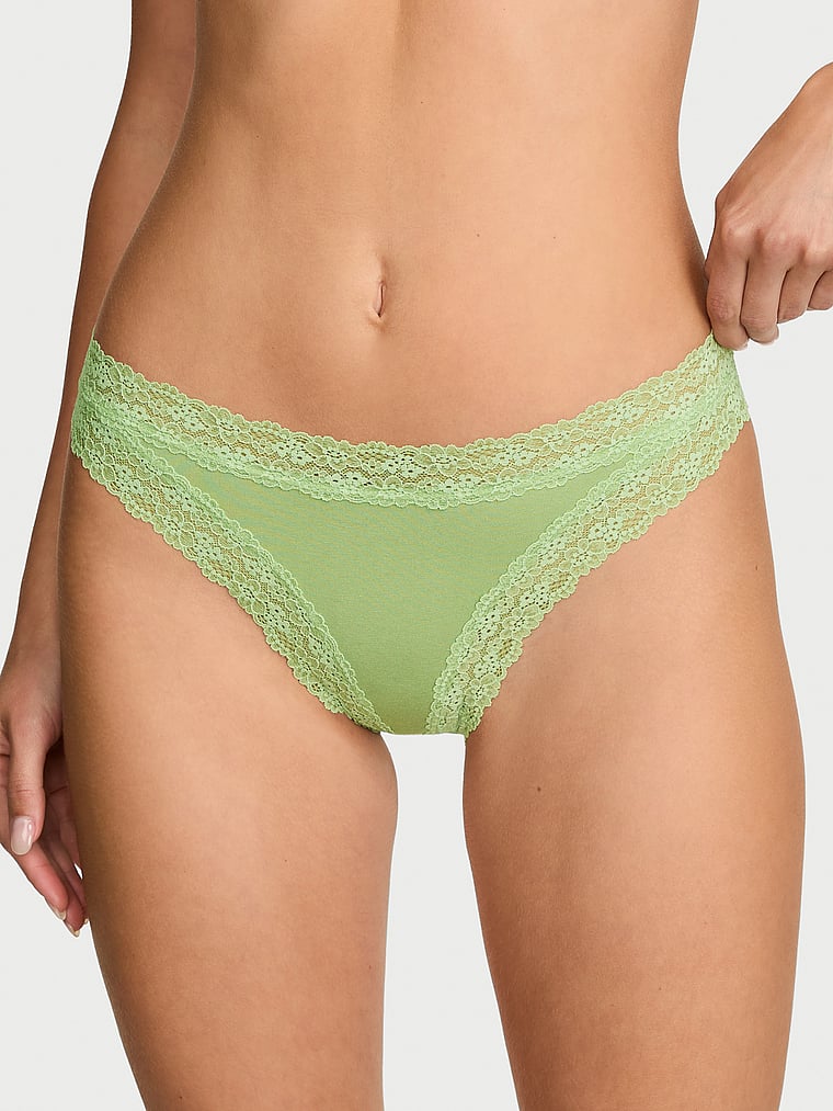 Victoria's Secret, Lace Trim Cotton Pointelle Lace-Waist Bikini, Green, onModelFront, 1 of 3 Ari is 5'9" and wears Small
