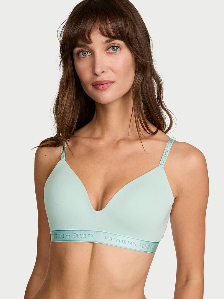 Victoria's Secret, The T-shirt Shine Patch Lightly Lined Wireless Bra, Yacht Blue, onModelFront, 1 of 3 Ari is 5'9" or 175cm and wears 34B or Small