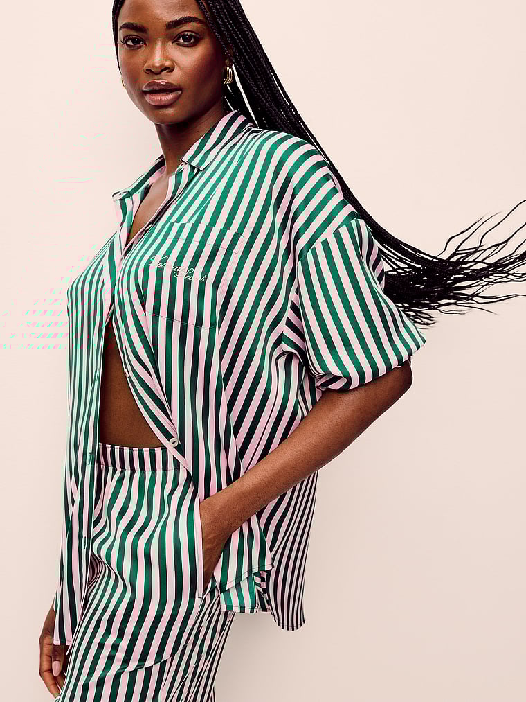 Victoria's Secret, Victoria's Secret Signature Satin Oversized Long Pajama Set, Prettiest Pine & Angel Pink Stripes, onModelSide, 4 of 6