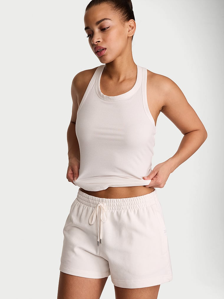 Victoria's Secret, Angel Essentials Off-Duty Terry Lounge Shorts, Coconut White, onModelFront, 1 of 2 Nisaa is 5'9" and wears Small