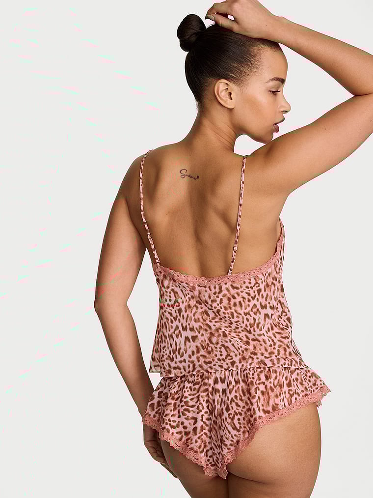 Victoria's Secret, Dream Angels Leopard Chiffon Lace-Trim Cami & Flutter Shorts Set, Angel Pink Leopard, onModelBack, 2 of 3 Nisaa is 5'9" and wears Small