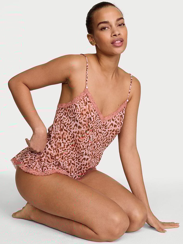 Victoria's Secret, Dream Angels Leopard Chiffon Lace-Trim Cami & Flutter Shorts Set, Angel Pink Leopard, onModelFront, 1 of 3 Nisaa is 5'9" and wears Small