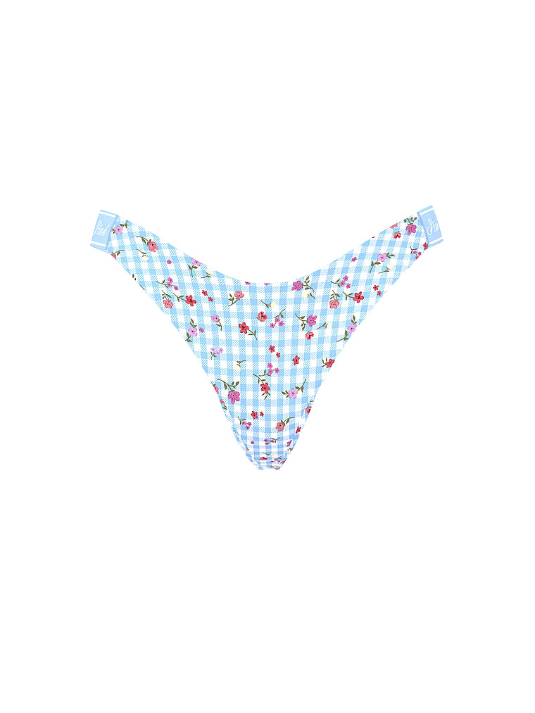 PINK Logo Thong Panty, Blue Dancer Gingham Floral Print, offModelFront, 3 of 3