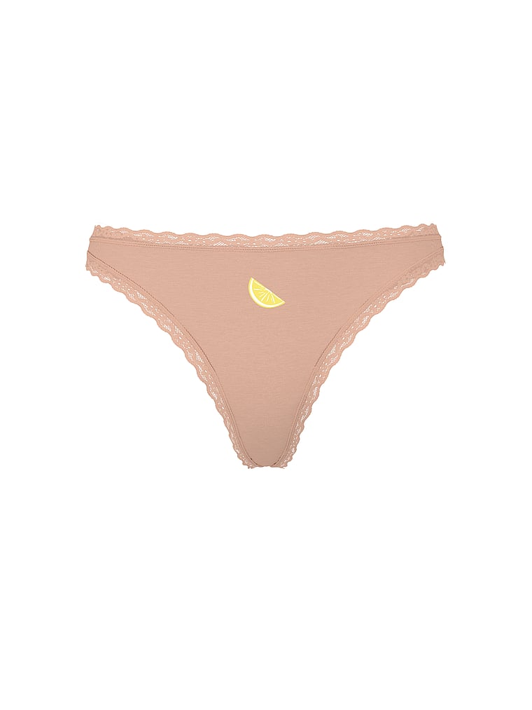 Victoria's Secret, Lace Trim Cotton Pointelle Lace-Waist Thong, Pink Gin, offModelFront, 3 of 3