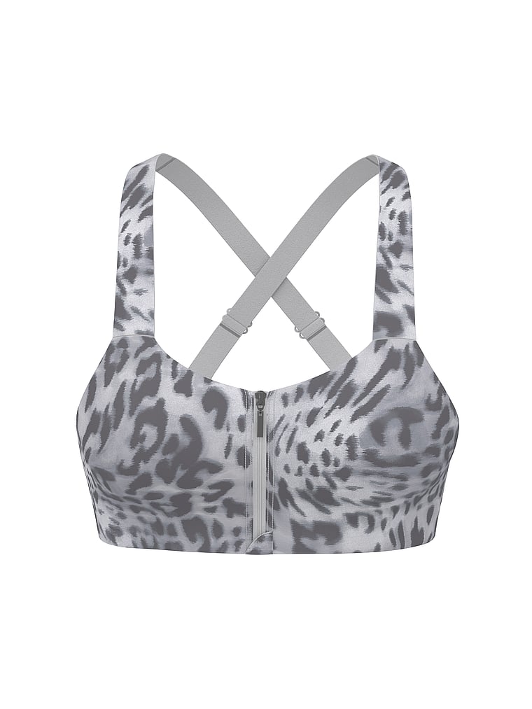 Victoria's Secret, VSX VSX Knockout™ Front-Close Sports Bra, Grey Leopard, offModelFront, 3 of 3