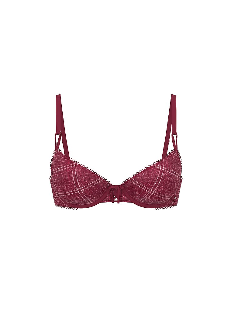 Victoria's Secret, Victoria's Secret Sexy Tee Shimmer Mesh Lace-Up Unlined Demi Bra, Red Lacquer Plaid, offModelFront, 3 of 3