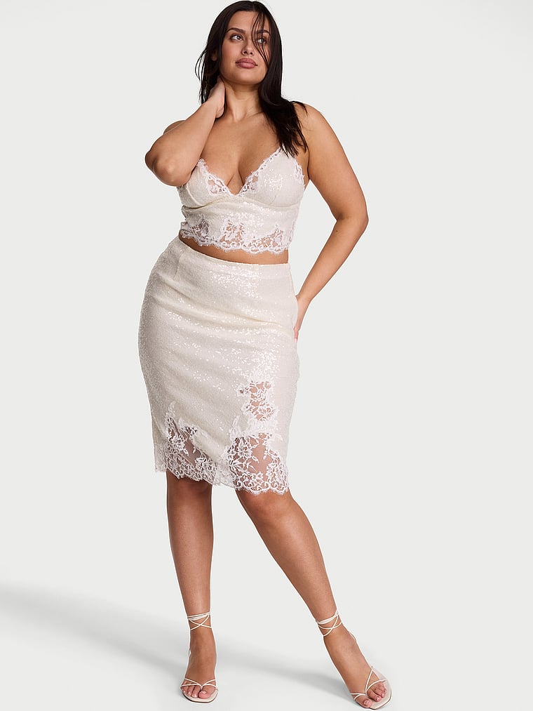 Victoria's Secret, Dream Angels Atelier x Victoria's Secret Bridal Embellished Bralette & Skirt Set, Coconut White, onModelFront, 1 of 5 Karmi is 5'10" and wears Large