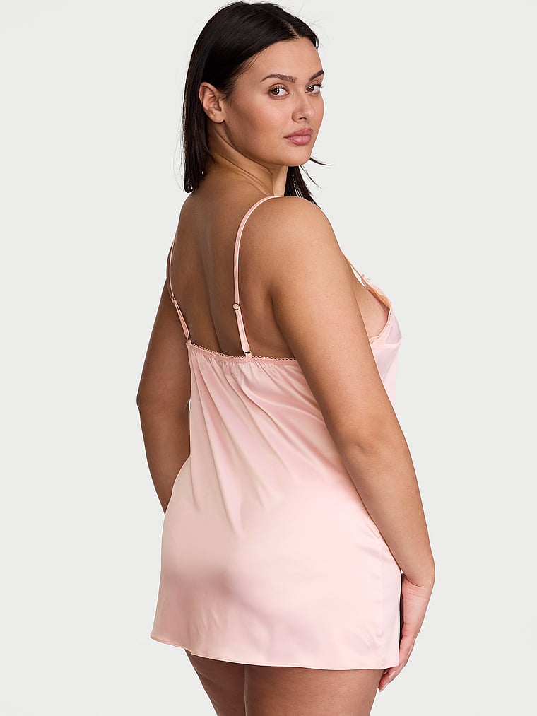 Victoria's Secret, Victoria's Secret Tease Satin Lace-Trim Mini Slip Dress, Angel Pink, onModelBack, 2 of 3 Karmi is 5'10" and wears Large
