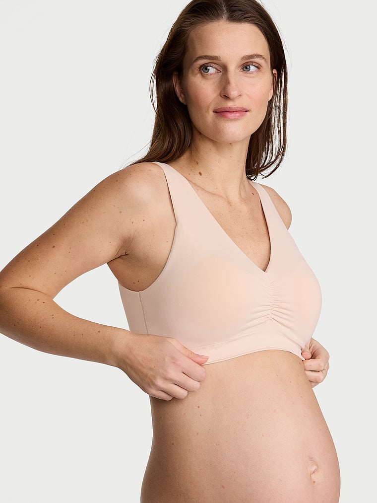 Victoria's Secret, Invisible by Victoria’s Secret Seamless Plunge Pumping Bra, Marzipan, onModelFront, 1 of 3 Regitze is 5'10" and wears 34C or Medium
