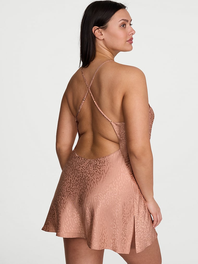 Victoria's Secret, Victoria's Secret Leopard Jacquard Satin Open-Back Slip Dress, onModelBack, 3 of 3