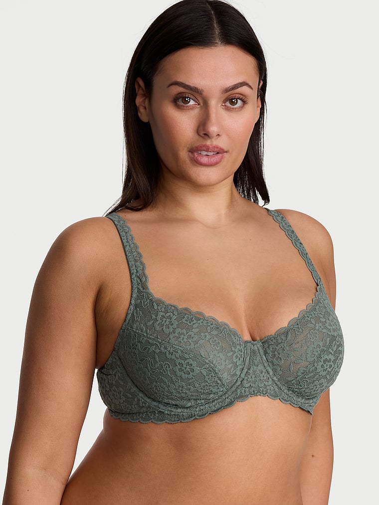Victoria's Secret, Victoria's Secret Lacie Unlined Balconette Bra, Faded Sage, onModelFront, 1 of 3 Karmi is 5'10" or 178cm and wears 34DD (E) or Large