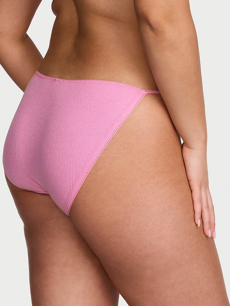 Victoria's Secret, Victoria's Secret Cotton Pointelle Floral Lace-Trim String Bikini Panty, Pink Sugar, onModelBack, 2 of 3 Karmi is 5'10" or 178cm and wears Large