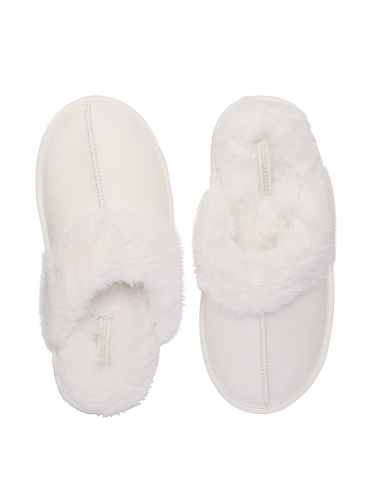 Victoria's Secret, Victoria's Secret Faux Suede & Fur Closed-Toe Slippers, Soft Ivory, offModelFront, 1 of 2