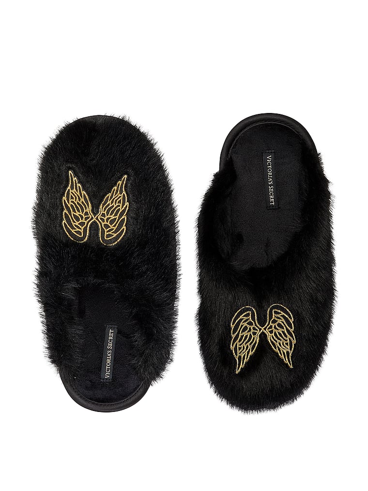 Victoria's Secret, Victoria's Secret Luxe Plush Closed-Toe Slippers, Black, offModelFront, 1 of 2