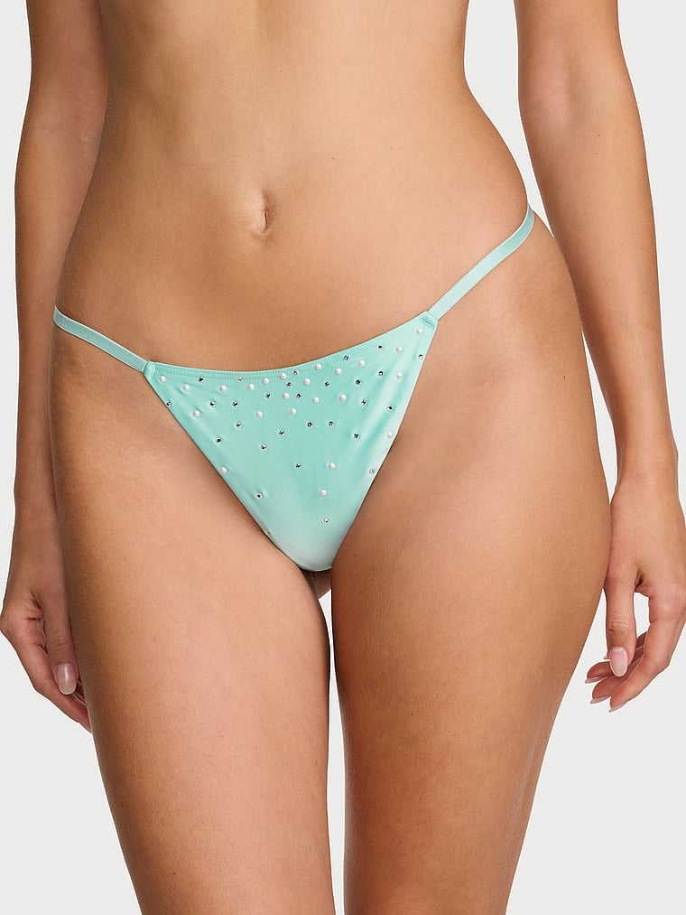 Victoria's Secret, Dream Angels Satin Pearl-Embellished V-String Panty, Canal Blue, onModelFront, 1 of 4 Ari is 5'9" or 175cm and wears Small