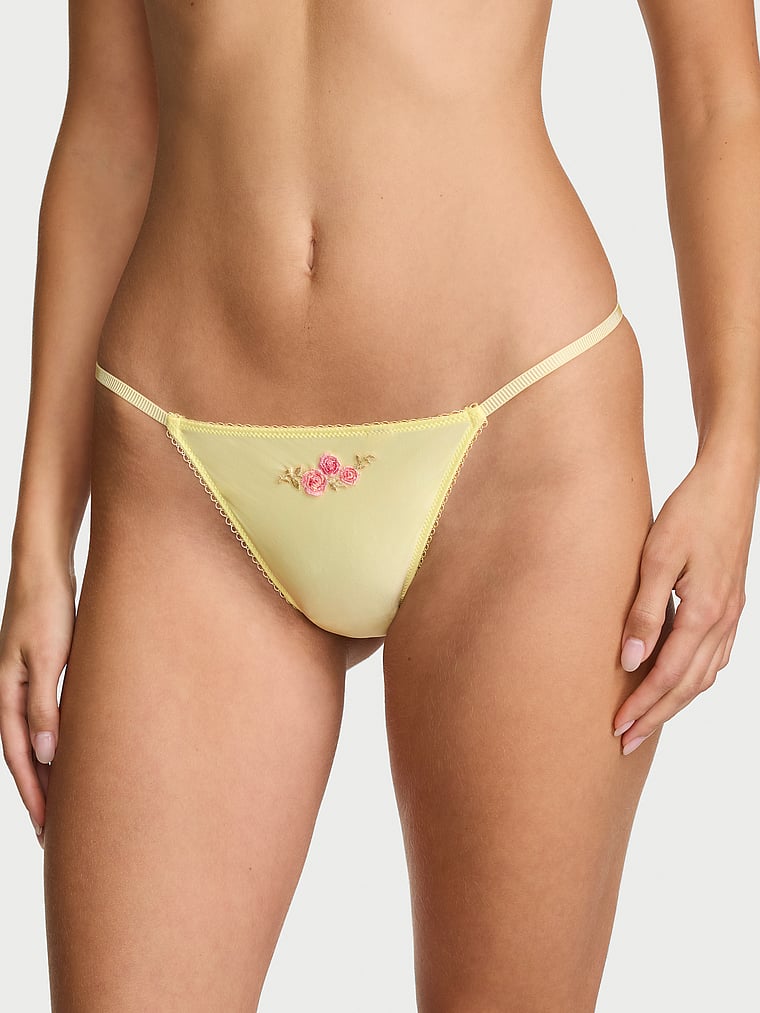 Victoria's Secret, Dream Angels Sweet Melody Motif Satin V-String, onModelFront, 1 of 4