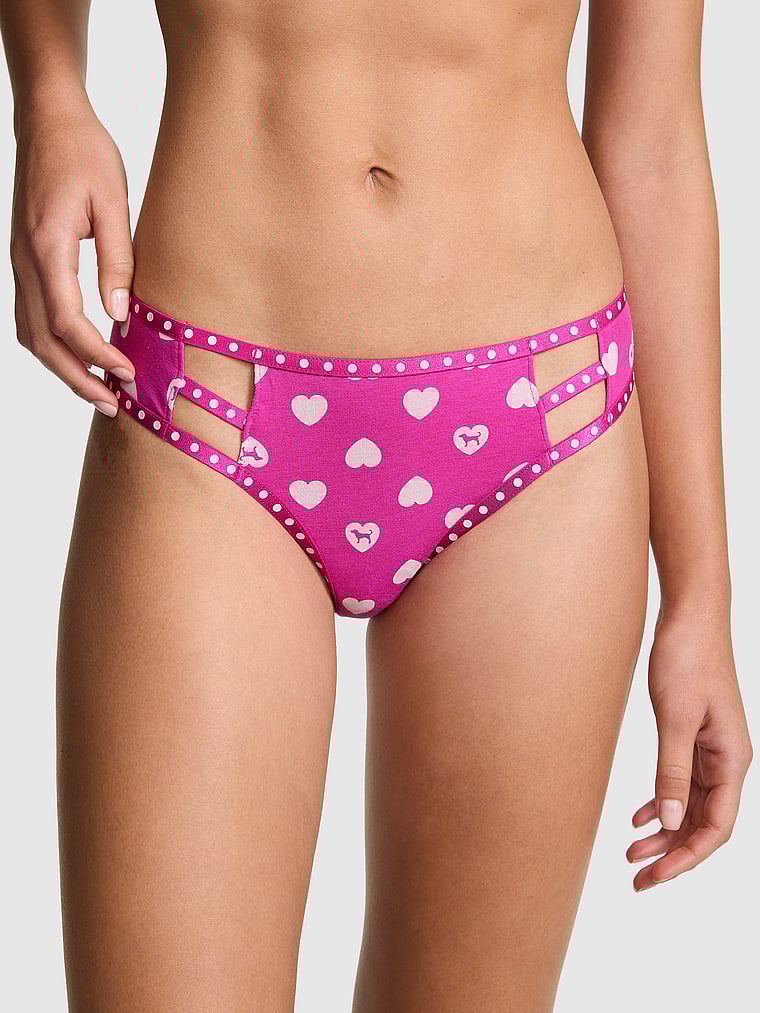 PINK  Logo Cotton Cheeky Panty, Pink Fire Heart Dog Print, onModelFront, 1 of 3 Yoly  is 5'8" and wears Small