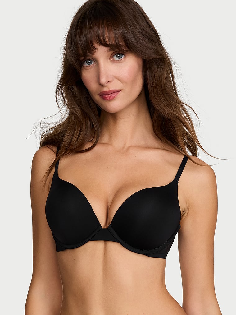 Victoria's Secret, The T-shirt Bombshell Add-2-Cups Cotton Logo Push-Up Bra, Black, onModelFront, 1 of 5 Ari is 5'9" and wears 34B or Small