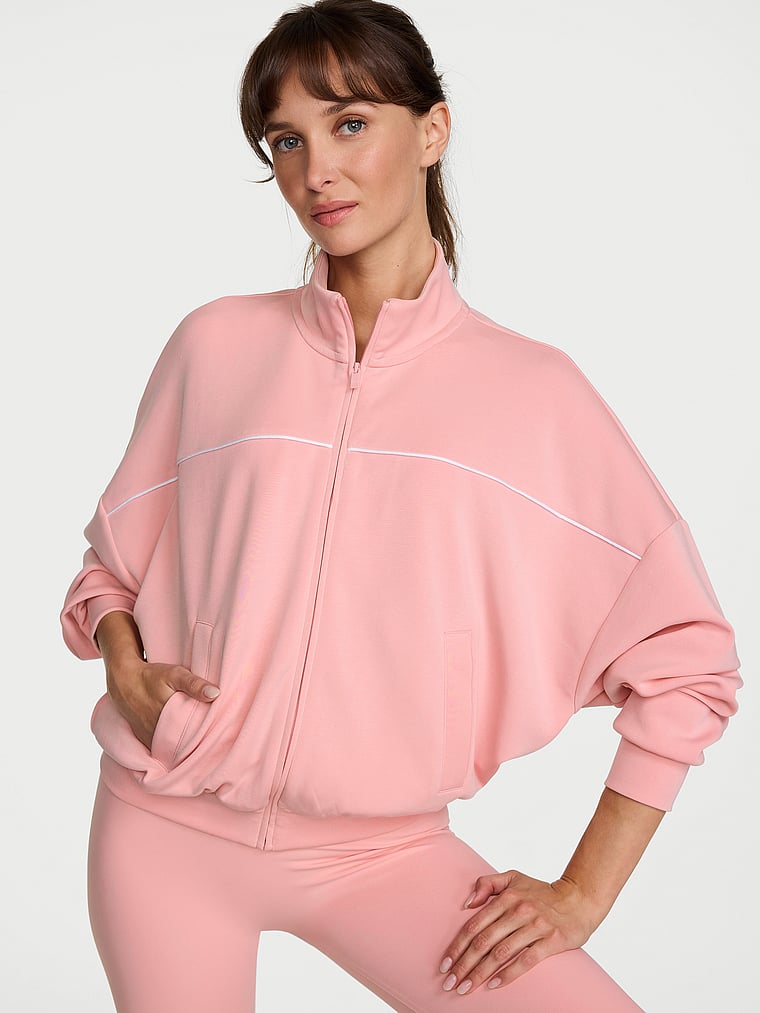 Victoria's Secret, VSX Featherweight Knit Full-Zip Track Jacket, Dusk Pink, onModelFront, 1 of 4 Ari is 5'9" and wears Small