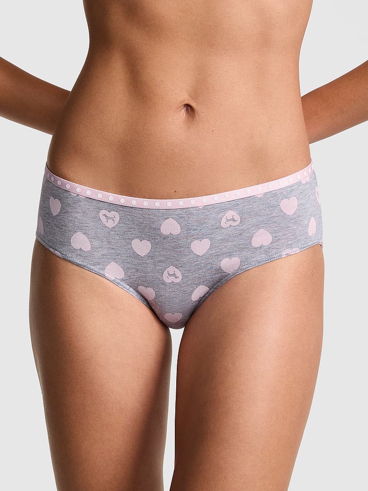 PINK Logo Cotton Hiphugger Panty, Medium Heather Grey Heart Dog Print, onModelFront, 1 of 3 Yoly  is 5'8" and wears Small