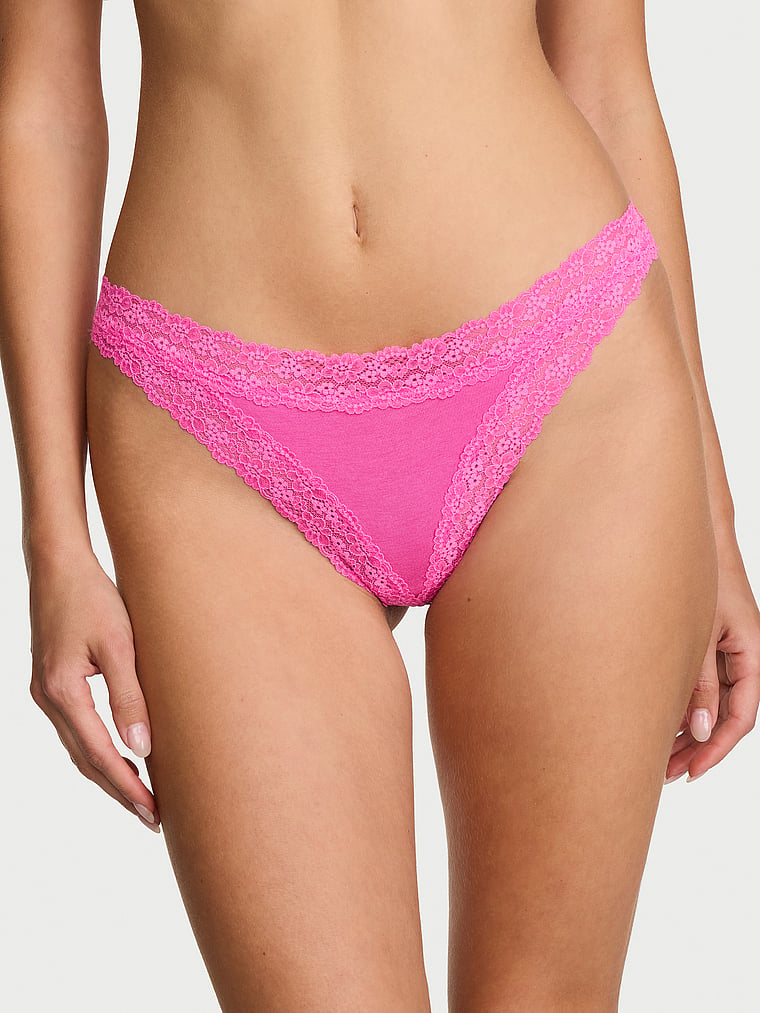 Victoria's Secret, Lace Trim Cotton Lace-Trim Thong Panty, Flower Pink, onModelFront, 1 of 4 Ari is 5'9" or 175cm and wears Small