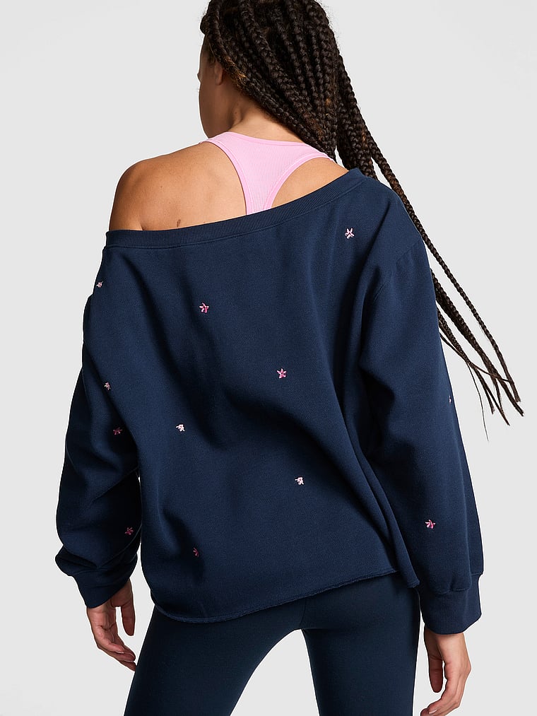 PINK Campus Fleece™ Rib Off-The-Shoulder Sweatshirt, Noir Navy, onModelBack, 2 of 3 Yoly  is 5'8" or 173cm and wears Small