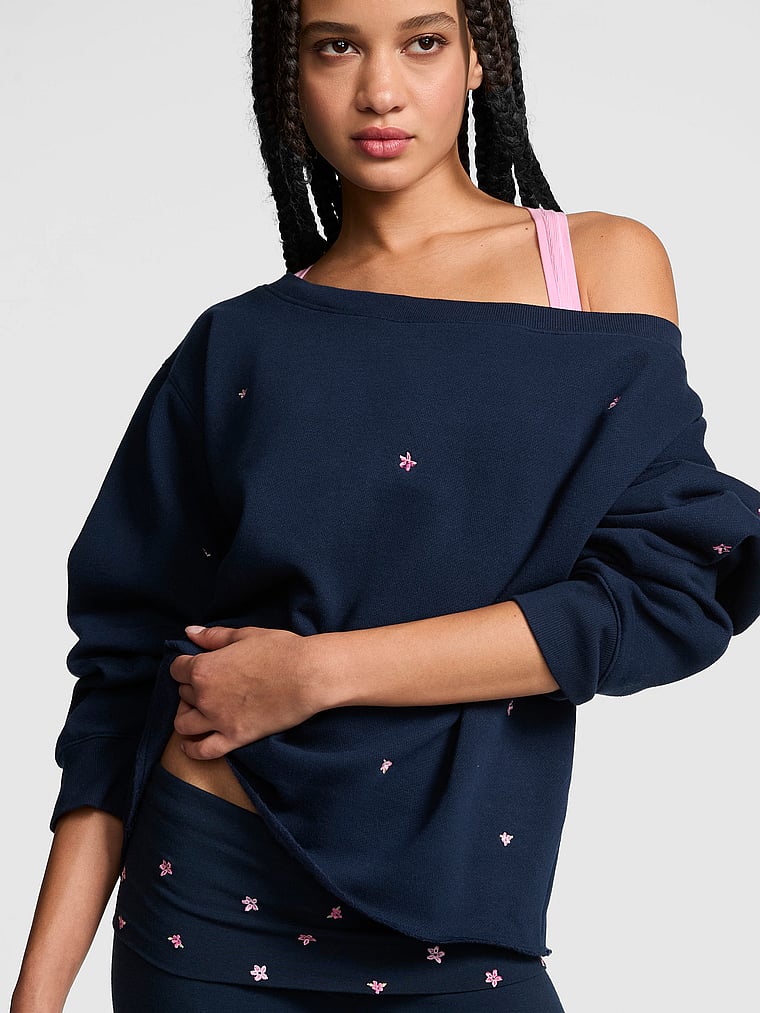 PINK Campus Fleece™ Rib Off-The-Shoulder Sweatshirt, Noir Navy, onModelFront, 1 of 3 Yoly  is 5'8" or 173cm and wears Small