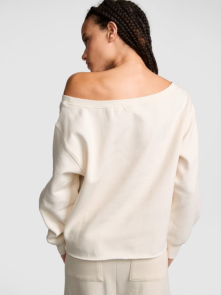 PINK Campus Fleece™ Rib Off-The-Shoulder Sweatshirt, Winter White, onModelBack, 1 of 4 Yoly  is 5'8" or 173cm and wears Small