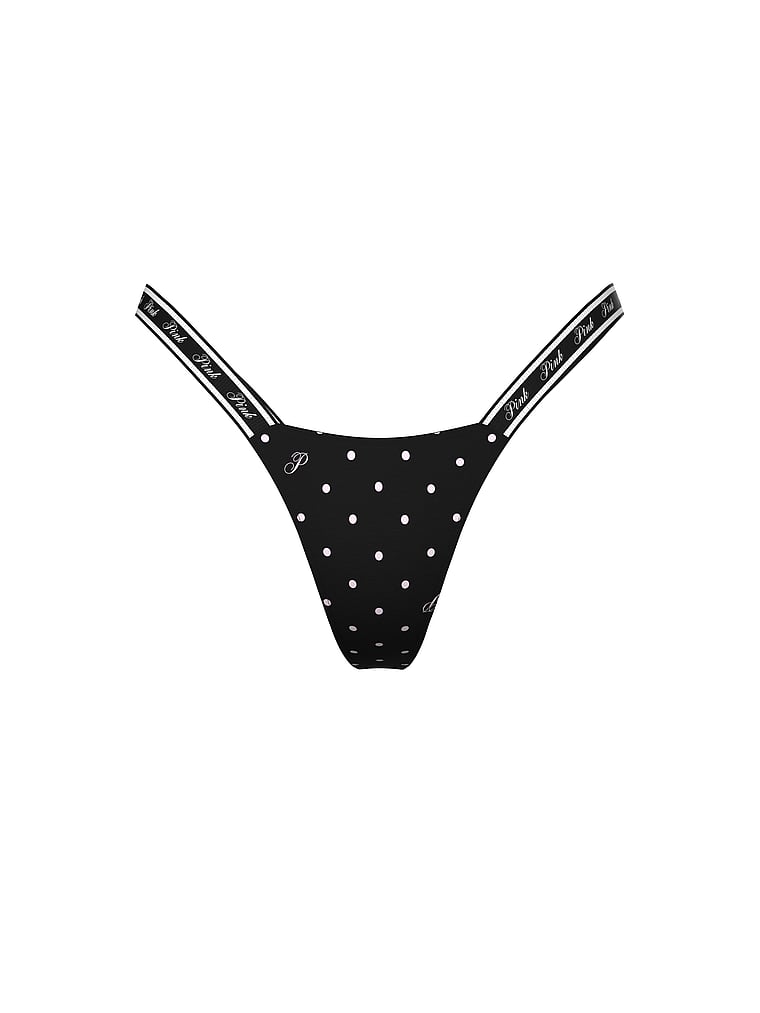 PINK Logo Mesh Strappy Micro Thong Panty, Black Dot P Script Print, offModelFront, 1 of 1