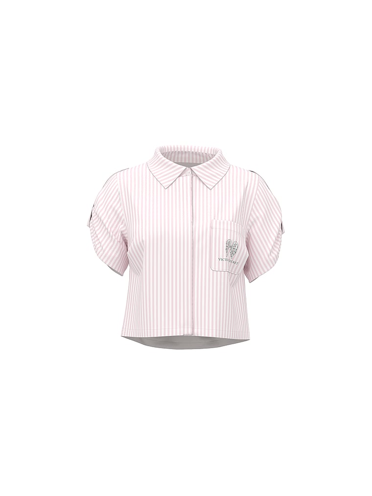 Victoria's Secret, Victoria's Secret Swim Beachwear Heritage Stripe Linen Boxy Short-Sleeve Top, Iconic Stripe, offModelFront, 3 of 3