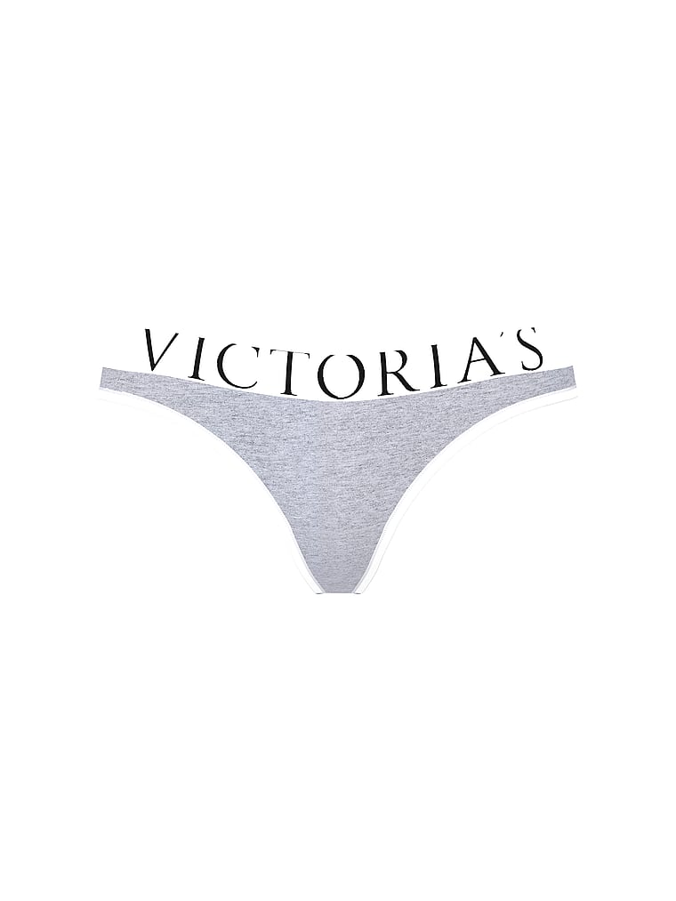 Victoria's Secret, Cotton Exploded Logo Cotton Thong Panty, Medium Heather Grey, offModelFront, 3 of 4