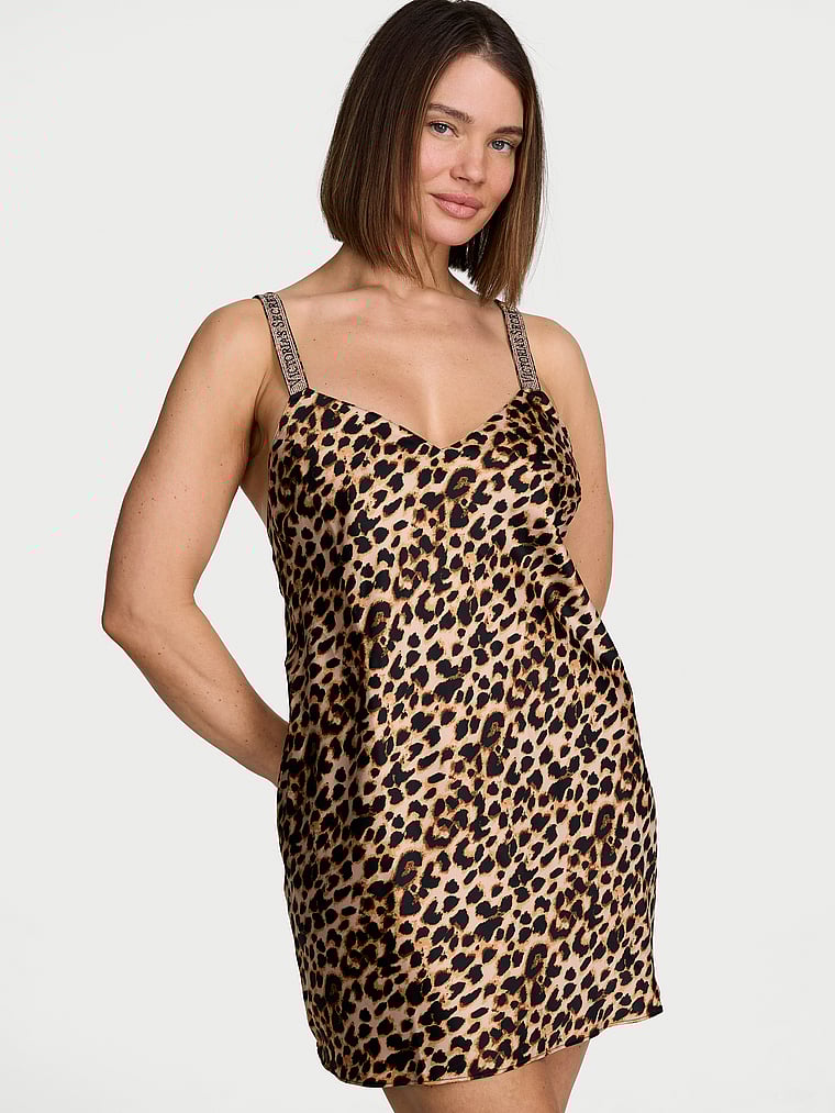 Victoria's Secret, Very Sexy Shine Strap Satin Slip, Leopard, onModelFront, 1 of 4