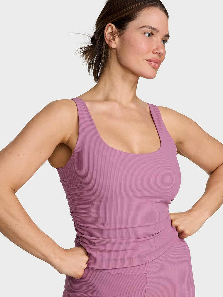 Victoria's Secret, VSX VSX Elevate™ Rib Ruched Tank Top, Violet Frost, onModelSide, 3 of 4
