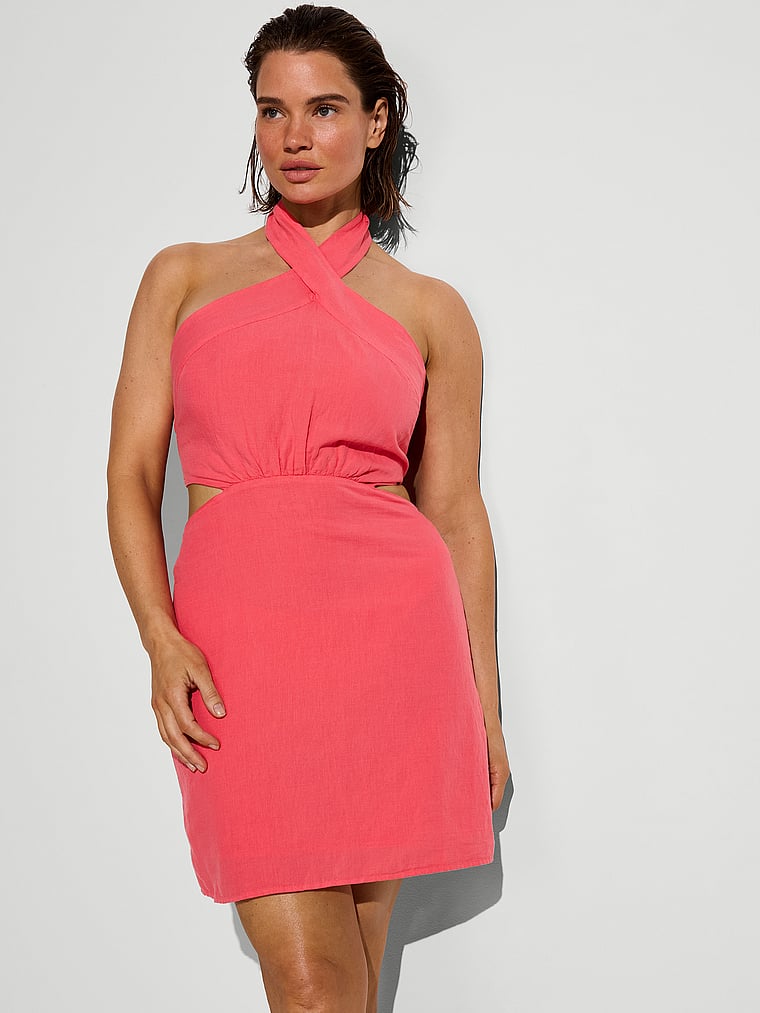 Victoria's Secret, Victoria's Secret Swim Beachwear Linen Halter Tie-Back Mini Dress, Poppy, onModelFront, 1 of 3