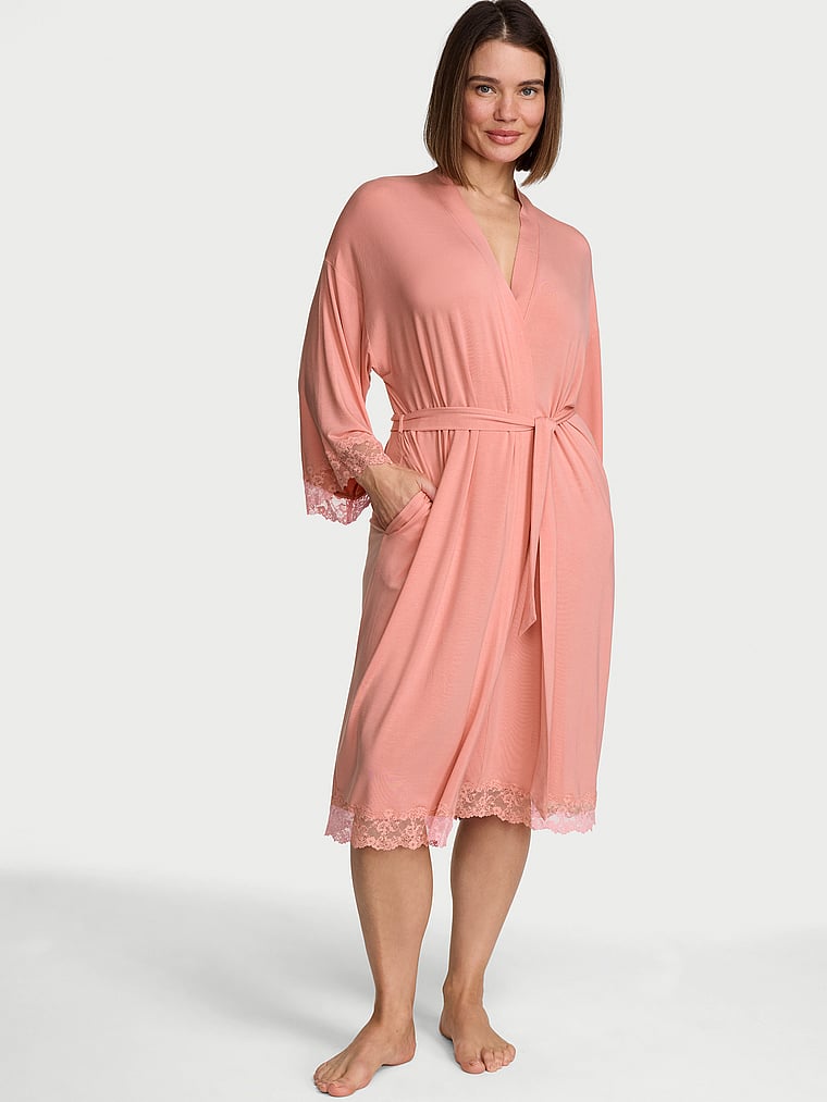 Victoria's Secret, Victoria's Secret SoSoft™ Modal Lace-Trim Robe, Blush Pink, onModelFront, 1 of 4