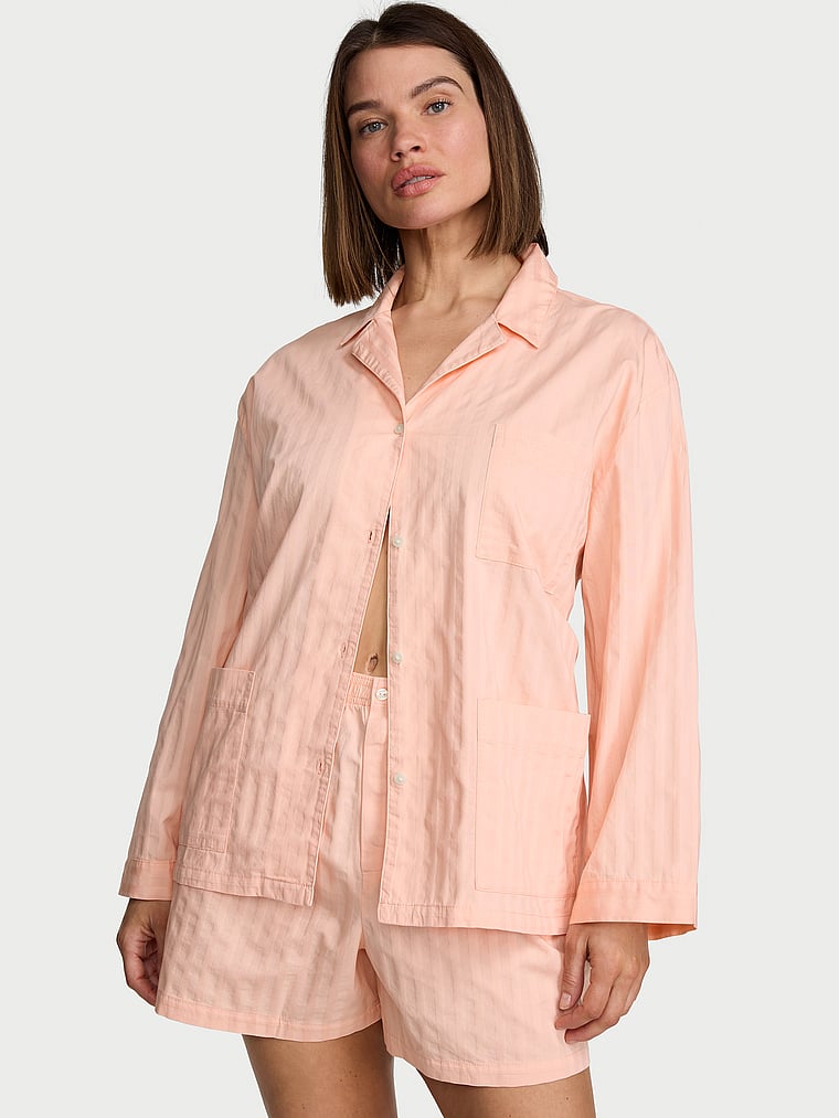 Victoria's Secret, Victoria's Secret Heritage Cotton Long-Sleeve Short Pajama Set, Pink Gin, onModelFront, 2 of 5