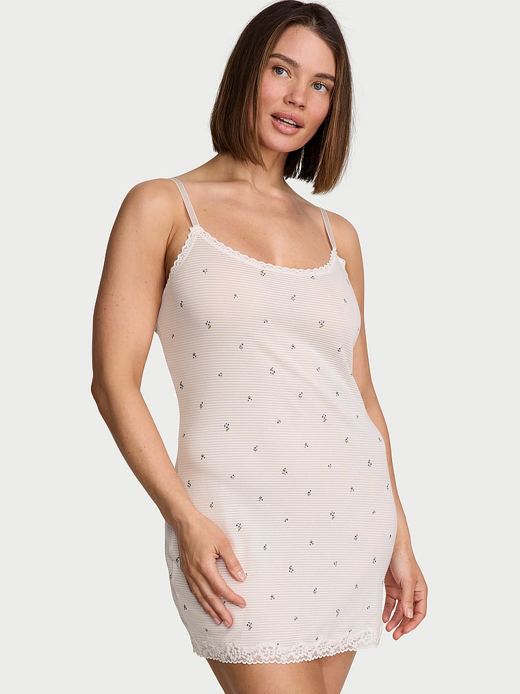Victoria's Secret, Victoria's Secret Cotton Shadow Stripe Slip Dress, Coconut White Floral, onModelFront, 1 of 3