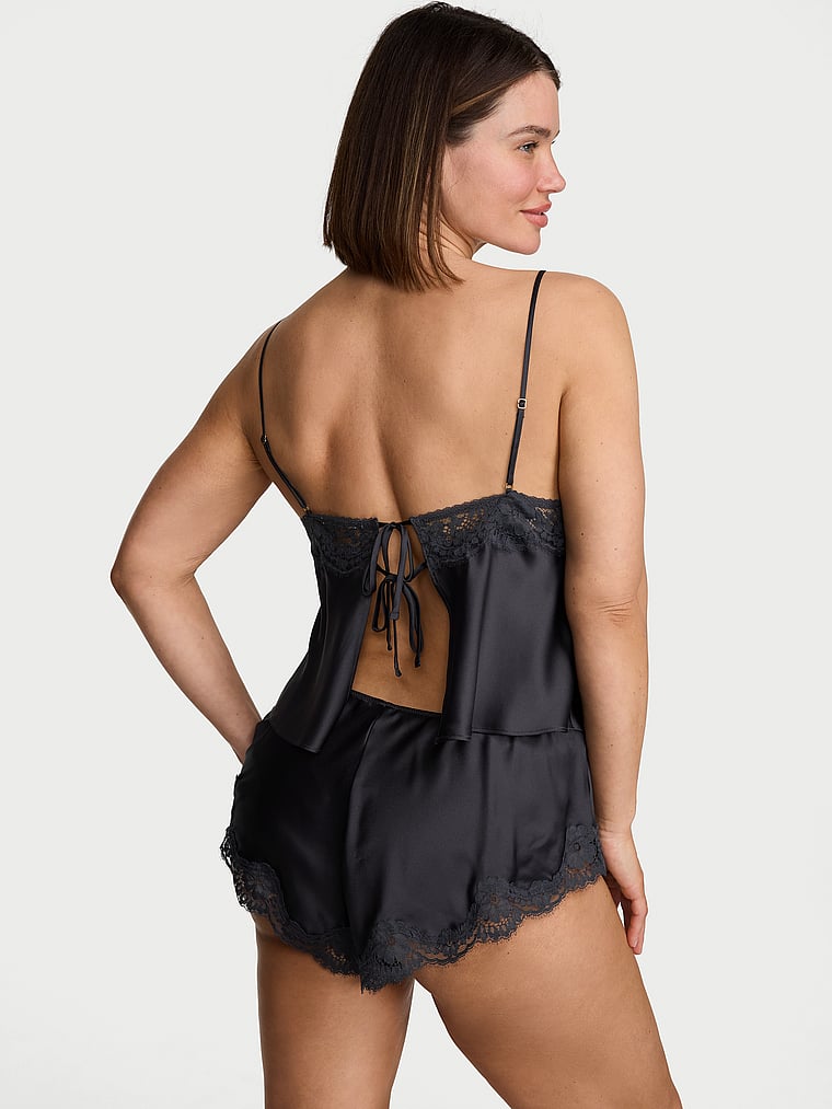 Victoria's Secret, Dream Angels Satin Lace-Trim Cami & Flutter Shorts Set, Classic Dark Smoke, onModelBack, 2 of 3