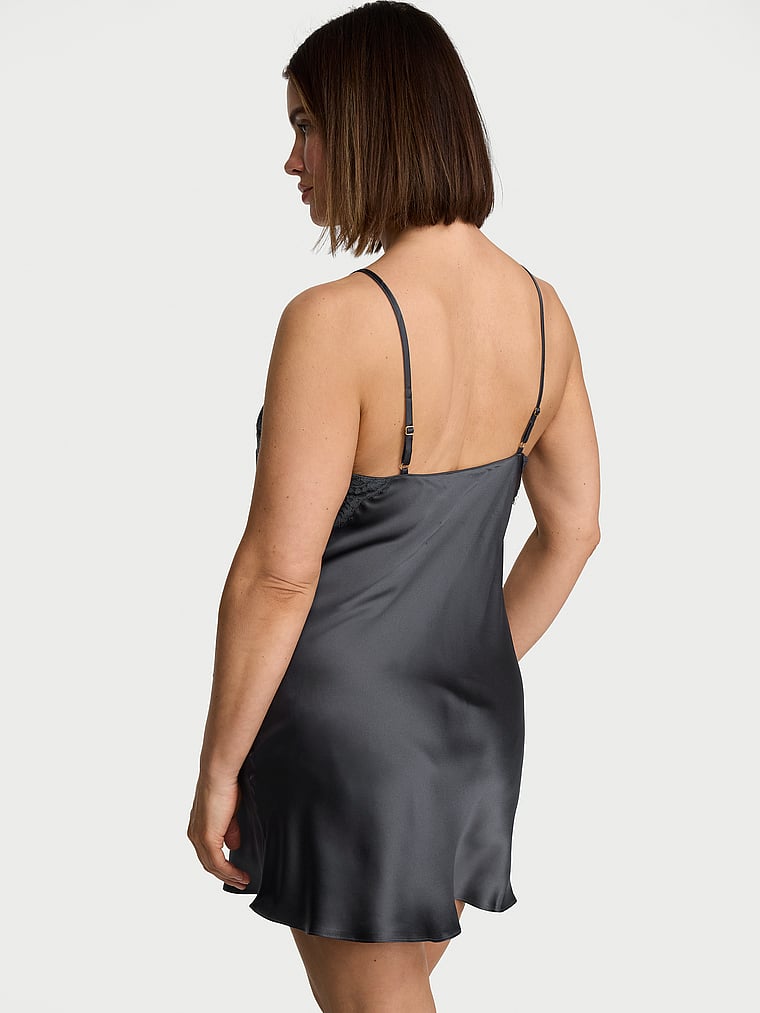 Victoria's Secret, Dream Angels Satin Lace-Trim Short Slip Dress, Classic Dark Smoke, onModelBack, 2 of 3