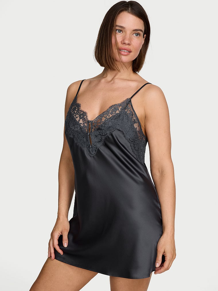 Victoria's Secret, Dream Angels Satin Lace-Trim Short Slip Dress, Classic Dark Smoke, onModelFront, 1 of 3