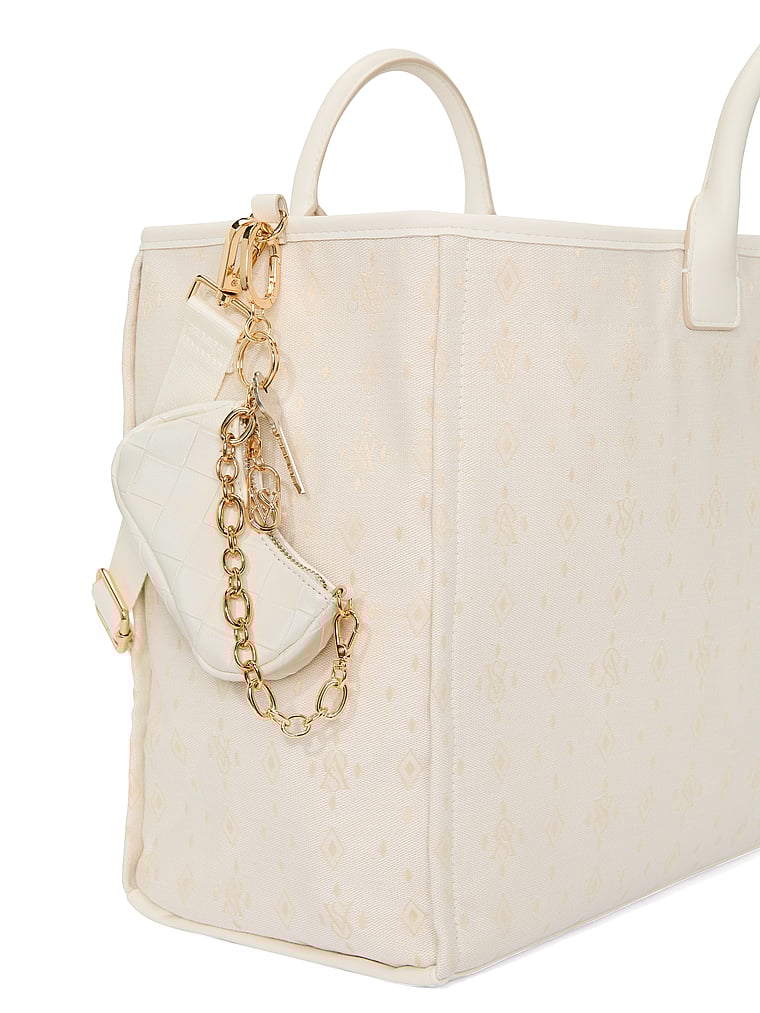 Victoria's Secret, Victoria's Secret Micro Tote Bag Charm Keychain, Ivory Woven, onModelBack, 2 of 3