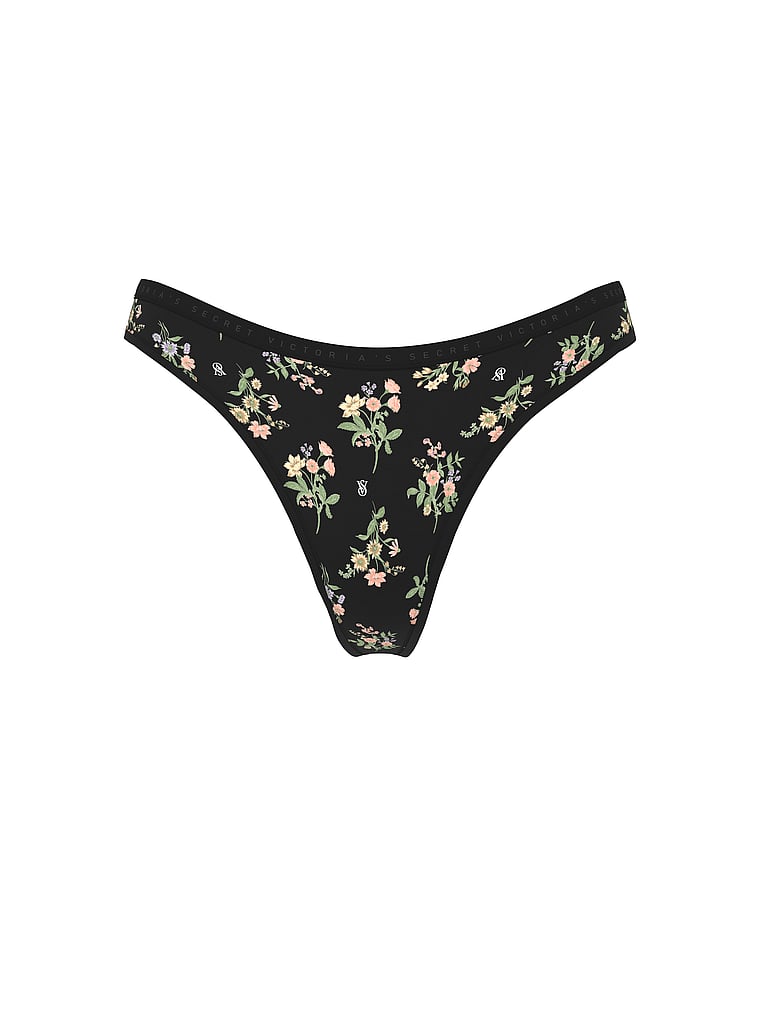 Victoria's Secret, Victoria's Secret Stretch Pointelle High-Leg Scoop Thong Panty, Black Floral Bouquets, offModelFront, 3 of 3