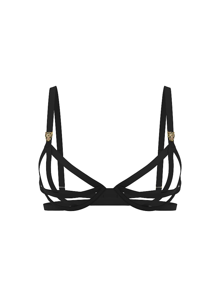 Victoria's Secret, Very Sexy Shine Leo Hardware Strappy Open-Cup Demi Bra, Black, offModelFront, 3 of 3