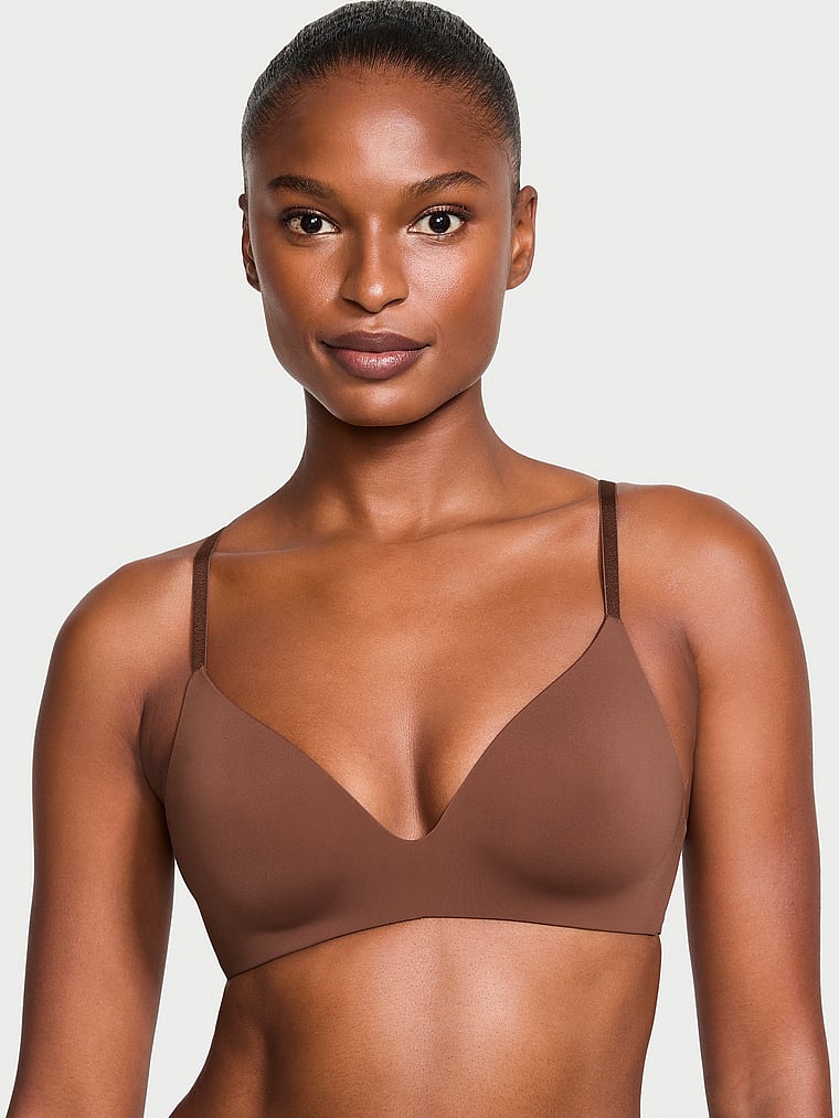 Victoria's Secret, The T-shirt Lightly Lined Wireless Bra, Mousse, onModelFront, 1 of 3 Tsheca  is 5'9" and wears 34B or Small